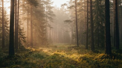 Obraz premium Misty forest path bathed in golden morning sunlight, creating an ethereal atmosphere