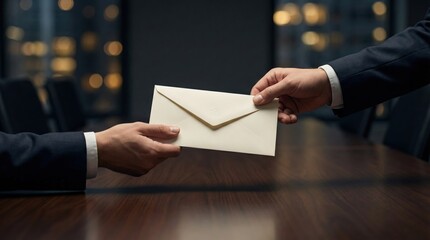 Two businessmen exchanging a cream-colored envelope across a polished wooden conference table