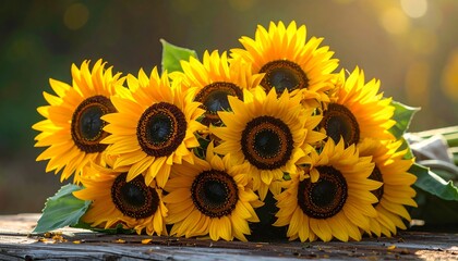 A close-up showcases a bouquet of bright yellow flowers with dark centers, resting on wooden planks, bathed in sunlight
