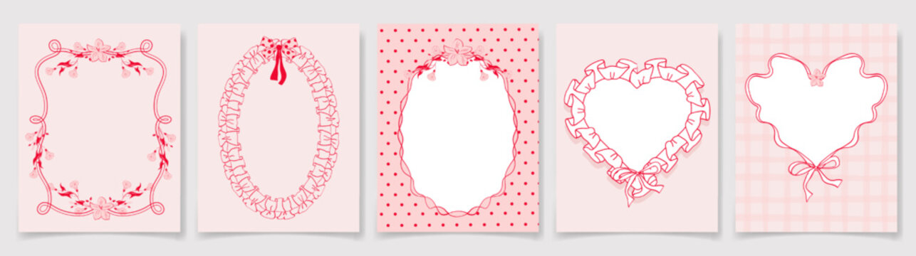 Hand drawn coquette frames with heart, floral, ribbon, wavy lines. Heart frames with bow, lace, in vintage girly style. Whimsical borders for Valentines Day cards, Wedding invitation, poster, banner