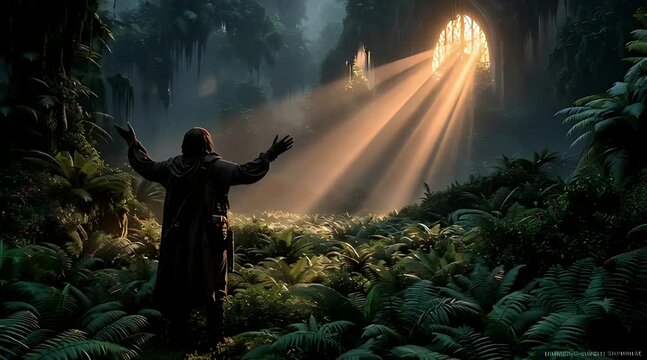 A lone traveler in a hooded cloak stands in a lush, ancient jungle, raising their arms to embrace divine light streaming from a mysterious arched ruin