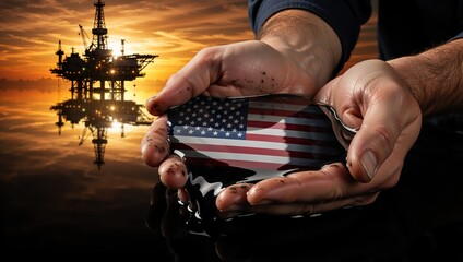 Hands holding crude oil with USA flag reflection. American petroleum industry concept with offshore drilling rig silhouette at sunset