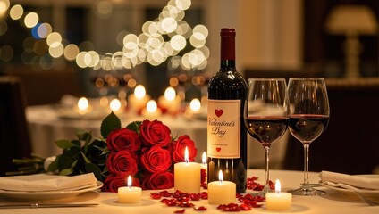 Romantic Valentine's Day dinner setting with red wine bottle and glasses. Bouquet of red roses and lit candles on a table with bokeh background. Concept for date night or anniversary celebration