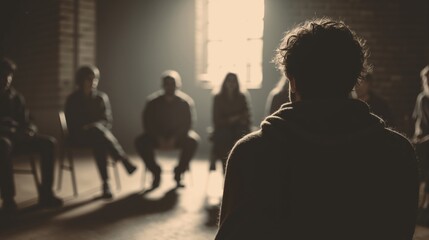 Group therapy session in dimly lit room with people sitting in circle