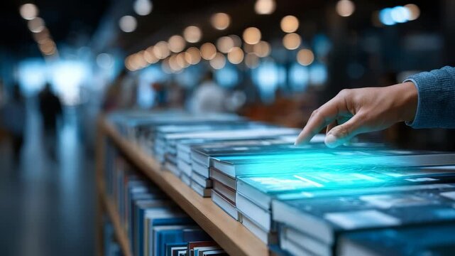 A close up of a hand selecting a book from a shelf in a stylish library, with glowing lights creating a warm atmosphere. The image highlights the fusion of digital and traditional reading experiences
