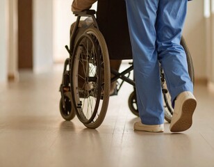 Obraz premium 明るい介護施設のフロア。介護士が利用者の車椅子を丁寧に押し、目線を合わせて優しく声をかけている。自然光が差し込み、清潔で落ち着いた空間