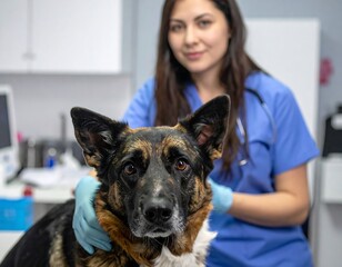 A focused close-up of a canine, with a veterinarian in scrubs and stethoscope tending to the dog in a clinical environment