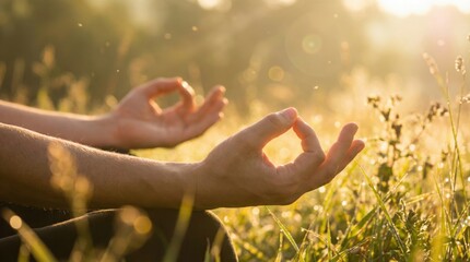 Person meditating in a field at sunrise with golden light and dew drops
