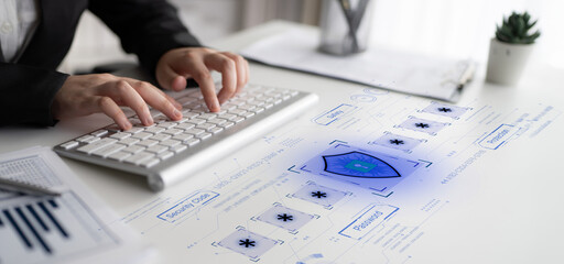 A concept of an advanced cybersecurity system. The futuristic interface shows a multi-factor authentication process using a secure password or PIN for enhanced data protection. Fermion