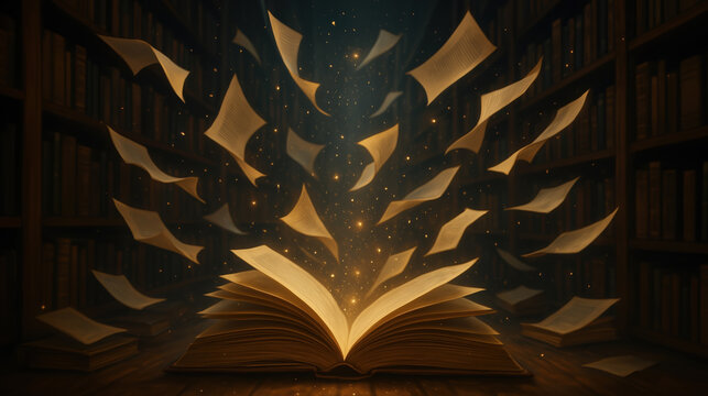 An open book emits bright golden light as pages swirl upward in a dark library filled with shelves of books. The enchanting atmosphere invites a sense of wonder and imagination