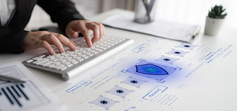 A concept of an advanced cybersecurity system. The futuristic interface shows a multi-factor authentication process using a secure password or PIN for enhanced data protection. Fermion - Powered by Adobe