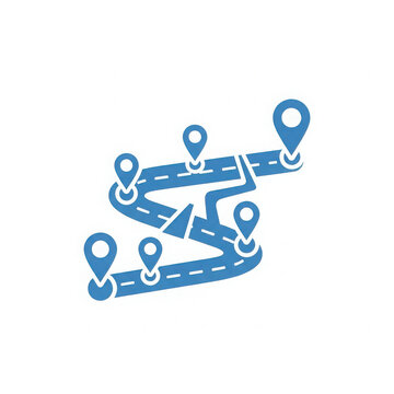 A stylized illustration of a winding road with multiple location markers on a white background