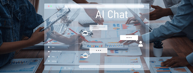 A diverse team engages in a collaborative discussion about AI chat technologies, utilizing digital tools and paperwork in a modern office environment. Trope