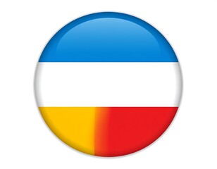 A glossy, round button shows a colorfully divided emblem. Blue, white, yellow, and red sections are present