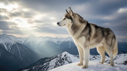 Majestic wolf standing on snowy mountain peak with stunning view