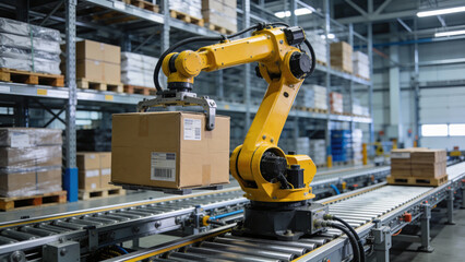 A robot arm picks up a box from a conveyor belt in a warehouse. Workers move around the space, and shelves hold many packages ready for shipping