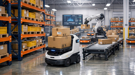 Robots transport boxes in a busy warehouse. A robotic arm places items on a conveyor belt while another robot delivers packages. Workers oversee operations from a distance