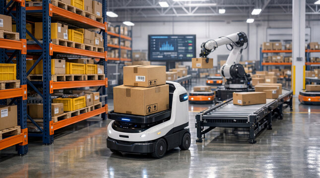 Robots transport boxes in a busy warehouse. A robotic arm places items on a conveyor belt while another robot delivers packages. Workers oversee operations from a distance - Powered by Adobe