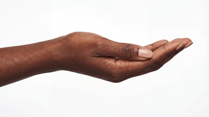 Close up of dark skinned hand palm up offering or presenting something on white background