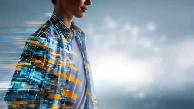 A stylish individual wears a high tech jacket with digital effects, merging reality and virtual elements. This concept highlights the intersection of fashion, technology, and future lifestyles