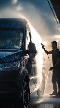 Silhouette of a man cleaning a van at a car wash as the sun sets, creating a striking backlight effect. The image captures the essence of daily routine and automotive maintenance in an urban setting