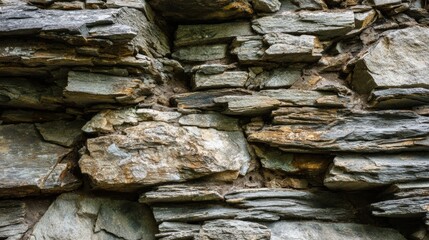 The layered stone strata display the natural texture formed over many years of geological changes in a rocky area.