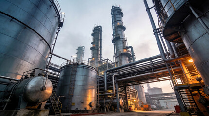 Large storage tanks and tall smokestacks stand at an industrial site during the evening. Pipes connect various structures, and lights glow amid a cloudy sky