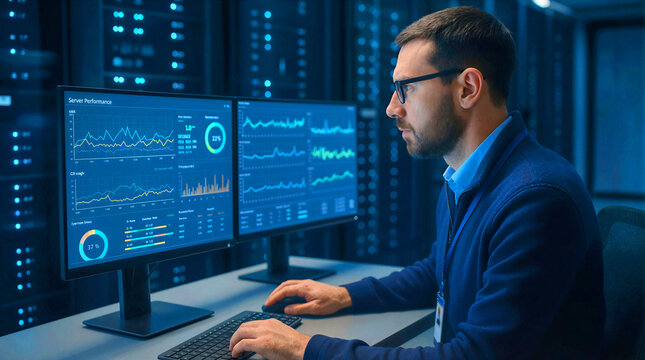 A person works at a desk with multiple screens showing data analytics and server performance metrics in a data center at night - Powered by Adobe
