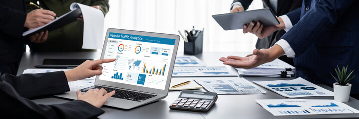 Computer software for website traffic analytics data on computer screen. Concept of SEO search engine optimization and customer targeting for online business brisk