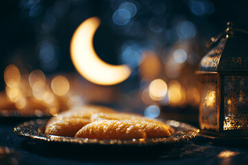 ramadan decoration, golden atmospheric setting with crescent moon, sweet treats, lantern, and ample space for text against a charming background