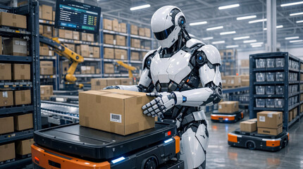 A robot is placing a box onto a mobile cart in a warehouse filled with shelves of packages. Other robots and automated systems are also present in the background
