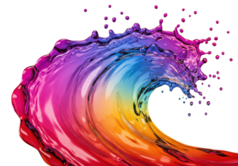 Massive, dynamic splash of thick, intensely glossy liquid with a spectral gradient and atomized droplets, on a transparent background. Fluid dynamics concept