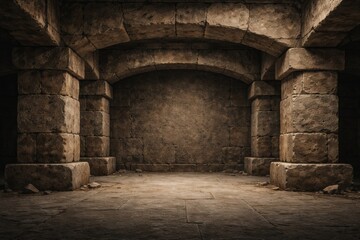 Obraz premium Rough stone walls and arches create a dark and ancient atmosphere in a large underground space with visible wear and age.