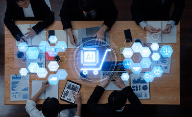 A group of business professionals collaborates around a wooden table, using digital tools and visual elements to enhance e-commerce strategies in a modern workspace. Trope