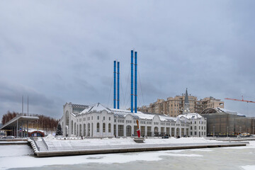 Moscow, Russia, 12 January 2026,  Exterior view of the GES-2 House of Culture building with its iconic blue chimneys on a winter day in Moscow, Russia.