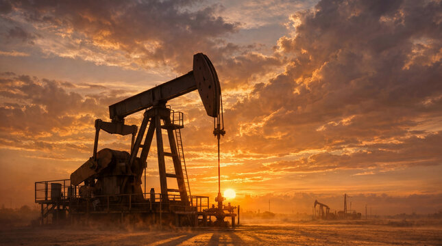 An oil pumpjack moves up and down in an oil field as the sun sets in the background. The sky has clouds that reflect warm colors, creating a scene of industry and nature
