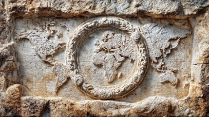 Obraz premium Ancient maps carved into a stone surface show world geography, highlighting planning and foresight in understanding land and exploration.