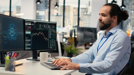 Risk analyst using artificial intelligence to assess stock market volatility. Portfolio manager using AI chatbot to evaluate assets, allocate capital, and generate investment reports