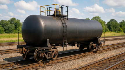 A black tank car stands on the railroad tracks surrounded by green trees and grass. The sky is blue with some clouds. It is daytime and the scene shows a quiet train yard