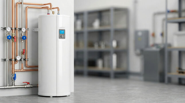 Water heater installation in a utility space with storage shelves and visible plumbing details in a residential setting