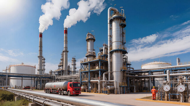 Busy industrial site shows a red truck unloading materials near tall structures. Smoke rises from several stacks under a bright sky. Workers are present in safety gear