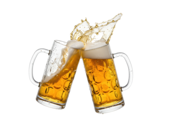 traditional glass beer steins, golden lager, creamy foam, colliding, explosive spray, frozen droplets, white background, high-contrast light, refreshing celebration concept