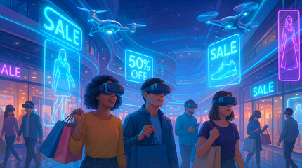 Groups of people walk in a mall filled with vibrant neon signs advertising sales. Shoppers wear VR headsets and hold shopping bags as they engage with the digital environment