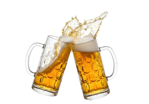 traditional glass beer steins, golden lager, creamy foam, colliding, explosive spray, frozen droplets, white background, high-contrast light, refreshing celebration concept