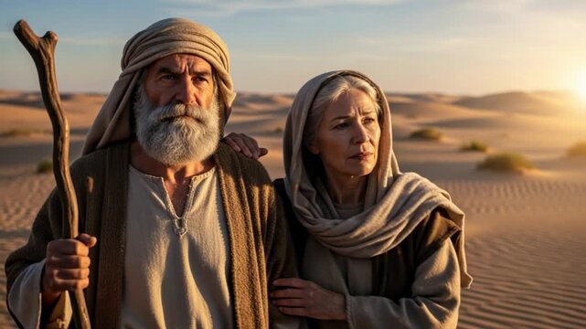 Cinematic close-up shot of a biblical couple, resembling Abraham and Sarah or Moses and Zipporah, walking side by side through a vast desert. They are wearing textured ancient robes.