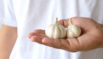 A close-up view of a person's hand, cradling two whole garlic bulbs against a plain white background