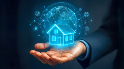 A person holds a digital representation of a house in one hand. The house is surrounded by a globe and network connections, showcasing technology and real estate. The setting is an office