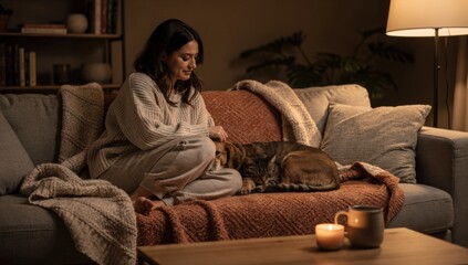 Obraz premium Cozy evening at home with woman petting her dog and cat on the sofa