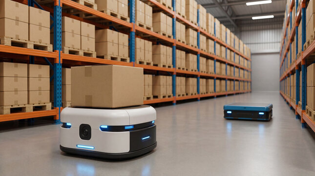 Two robots transport boxes in a warehouse filled with stacked cardboard boxes. This scene shows automated handling of goods in an industrial setting - Powered by Adobe
