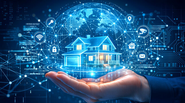 A hand holds a glowing representation of a house, surrounded by icons for technology, security, and communication. The background shows a digital world map - Powered by Adobe